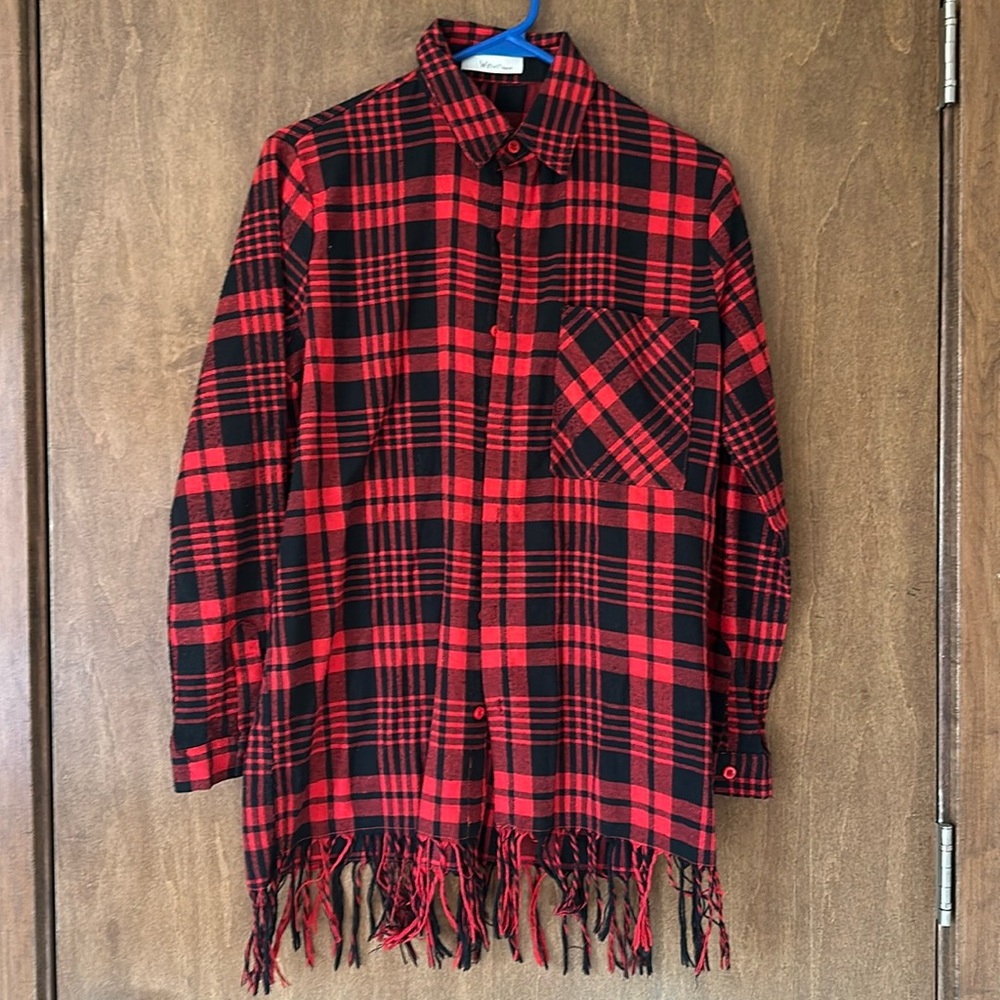 Win Win Apparel Red and Black Plaid Button Down Shirt With Fringe Bottom